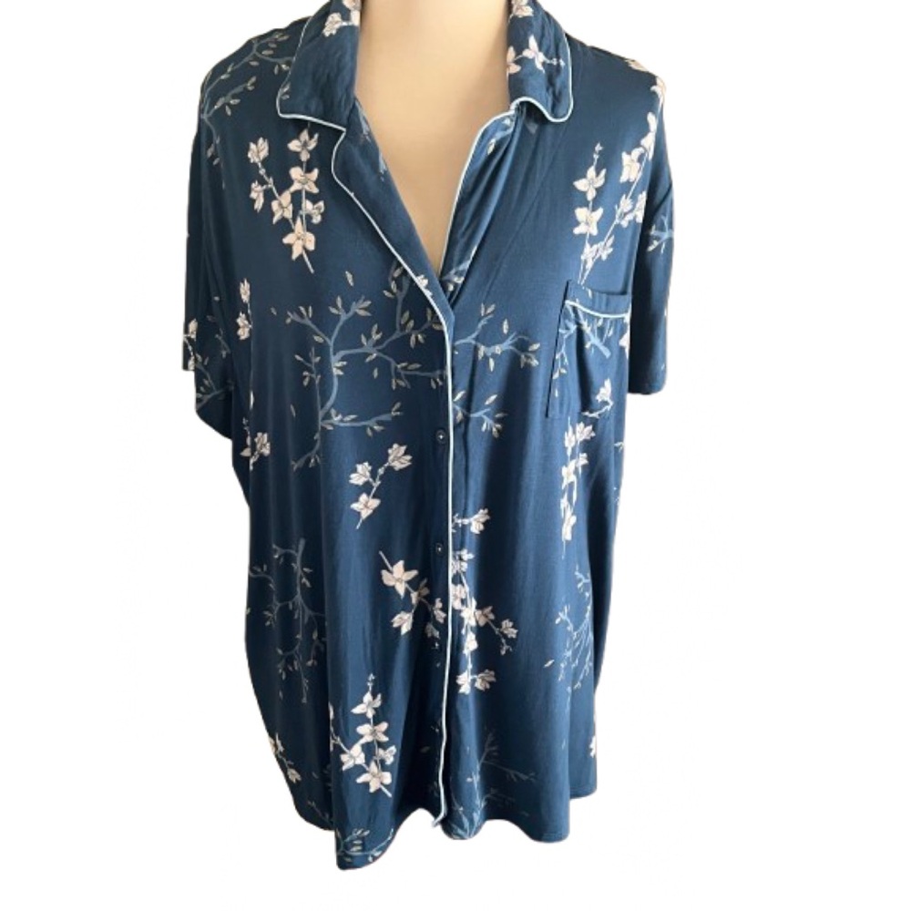 Soma Blue Gold Leaf Floral Printed Pajama Top Size XXL Loungewear Comfy Cozy